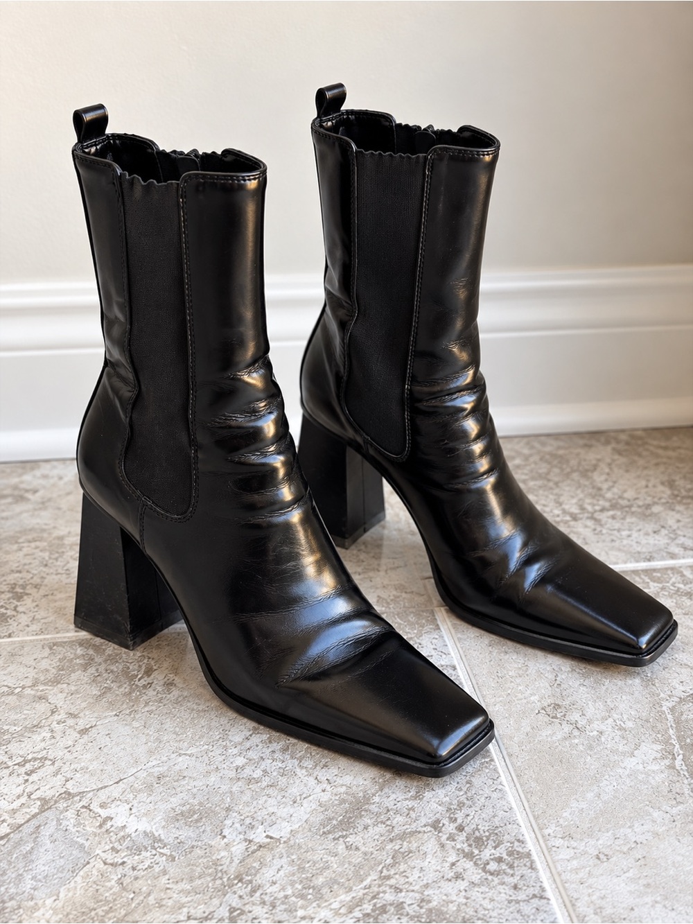 Mango Black Leather Square Toe Chelsea Boots EU 40